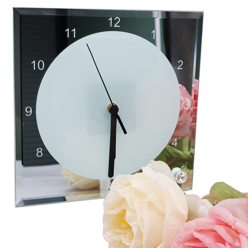MELDIKISO 7.8" x 7.8" Sublimation Blank Mirror Edge Glass Photo Frame with Clock (20pcs/carton) MELDIKISO