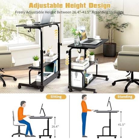 Karl home 31.5" Portable Rolling Desk on Wheels,Height Adjustable Standing Desk with 2 AC Outlets/3 USB Ports,Mobile Laptop Table with Hooks and Storage Shelves for Home Office，Black Karl home