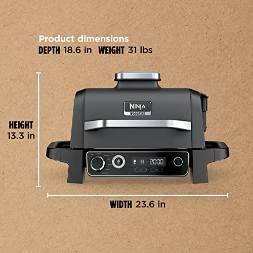 Ninja, Woodfire Pro Outdoor Grill and Smoker, Thermometer, BBQ Smoker, Air Fryer, Bake, Roast, Dehydrate, Broil, 7-in-1, Master Grill, Ninja Woodfire Pellets, Portable, Electric Grill, Grey, OG751BRN Ninja
