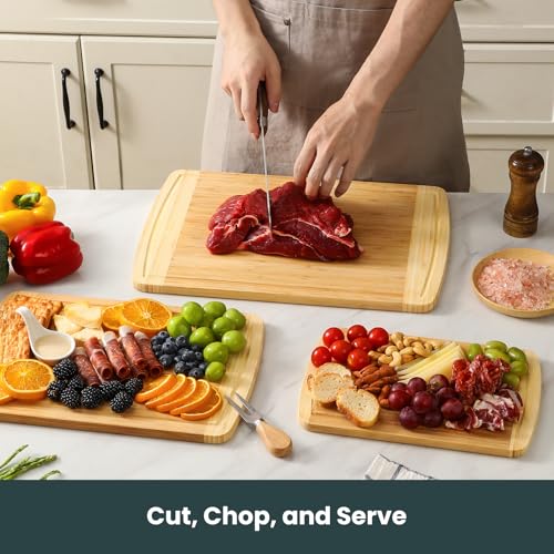 Hiware 3-Piece Extra Large Wooden Cutting Boards For Kitchen, Bamboo Cutting Board with Holder, Wood Cutting Board Set, Heavy Duty Chopping Board for Meat, Serving Tray Set- Two Tone