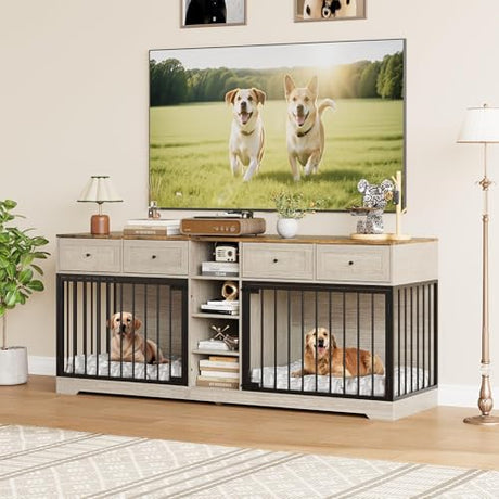 Takywep Double Dog Crate Furniture with Storage – 82" Large Indoor Kennel with 4 Drawers & 4 Shelves, Pet Crate TV Stand for Medium/Large Dogs, Washed White Takywep