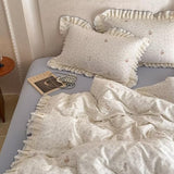 AMZTOP Blue Beige Floral Rabbit Duvet Cover Queen Size with 2 Pillowcases,100 Cotton Muslin Gauze Bed Set for Baby Kids,Lightweight Breathable Lace Ruffle Duvet Covers Teen Girls Queen 90"×90" AMZTOP