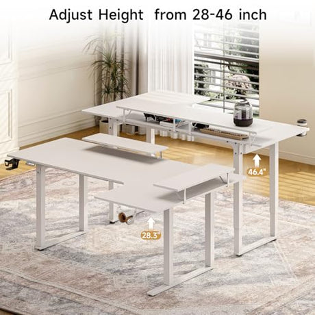 L Shaped Electric Standing Desk, 63x43'' Computer Desks with 2 Monitor Shelves, Dual Motor and Memory Controller, Gaming Corner Desk Adjustable Height from 28-46'' for Home Office Workstation, White ONBRILL