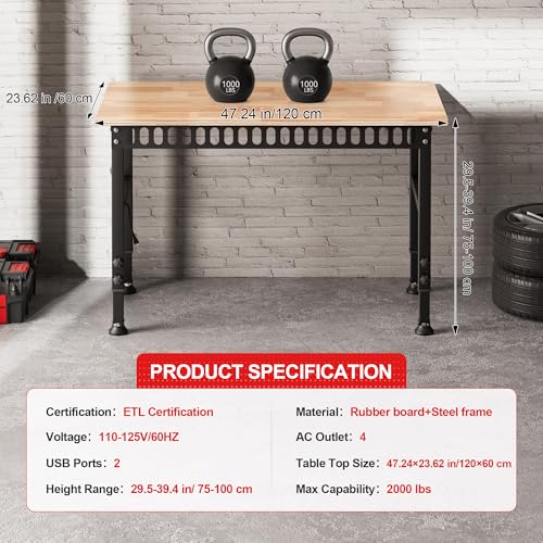 Antifir 48'' Adjustable Workbench with Power Outlets, Rubber Wood Top Heavy Duty 2000 LBS Load Capacity Workstation for Garage, Workshop, Commercial,Office,Home Antifir