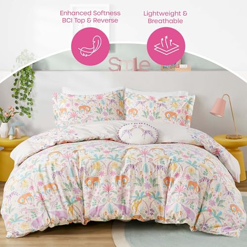 Intelligent Design Kids Cotton Queen Duvet Cover Set, Jungle Animals Fun Safari Adventures, Cotton Comforter Cover, All Sasons Bedding Reversible Duvet, Sham & Pillow, Lulu, Full/Queen Purple 4 Piece Intelligent Design