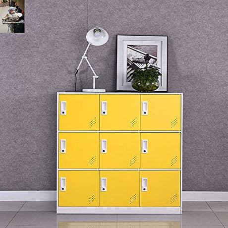 Reccmeny 9 Doors Metal Locker Girls Bedroom and Playroom Storage for Bags,Toys and Book, Office Cabinet Locker for Employee (Yellow) Reccmeny