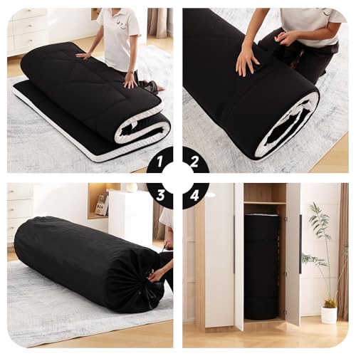 Welnow Japanese Futon Floor Mattress, Thick Full Size Tatami Mat Portable & Foldable Roll Up Floor Bed Mattress with Storage Bag, Sleeping Pad for Adults, Dorm, Guest Bed, Camping and Travel, Black Welnow