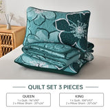 Luxudecor Floral Quilt Set King 3 Pieces Dark Green Flower Quilt Coverlet Set with 2 Pillow Cases, Lightweight Soft Microfiber Reversible Boho Bedspread for All Seasons 108"x92" Luxudecor