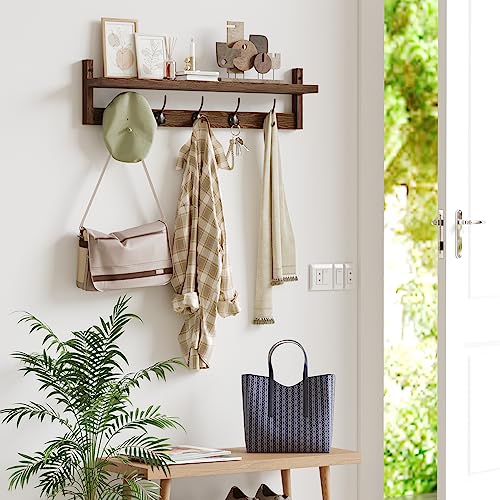 AMBIRD Wall Hooks with Shelf 28.9 Inch Length Entryway Wall Hanging Shelf Wood Coat Hooks for Wall with Shelf Wall-Mounted Coat Hook Rack with 5 Dual Hooks for Bathroom, Living Room, Bedroom (Brown) AMBIRD