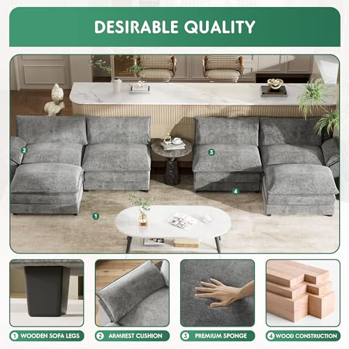 YESHOMY Sectional Modular Sofa U Shaped Chenille Fabric Couch with High Supportive & Soft Sponges and Removable Ottoman, Sleeper Comfy Upholstered Furniture for Living Room, Grey