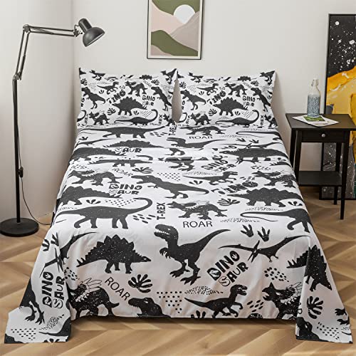 lishjekee Dinosaur Sheet Set Full for Boys 4 Pieces Black White Dinosaur Sheets Kids Bedding Set T-Rex Dino Fitted Sheet Animal Bed Set with 1 Flat Sheet 1 Fitted Sheet 2 Pillowcases Home Decor lishjekee