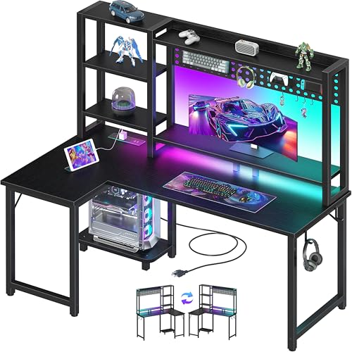 MEUIS L Shaped Gaming Desk with Shelves - 48 inch Corner Computer Desks with Storage Hutch Shelf Reversible Pegboard Led Lights Power Outlets PC Monitor Stand for Bedroom, Black MEUIS