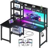 MEUIS L Shaped Gaming Desk with Shelves - 48 inch Corner Computer Desks with Storage Hutch Shelf Reversible Pegboard Led Lights Power Outlets PC Monitor Stand for Bedroom, Black MEUIS