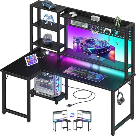 MEUIS L Shaped Gaming Desk with Shelves - 48 inch Corner Computer Desks with Storage Hutch Shelf Reversible Pegboard Led Lights Power Outlets PC Monitor Stand for Bedroom, Black MEUIS