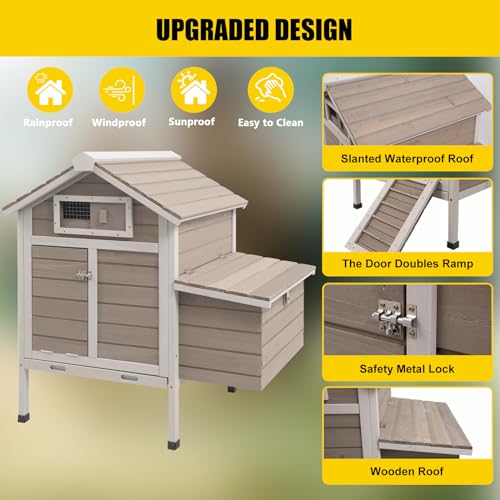 PetsCosset 32" Chicken Coop Wooden Hen House for 1-3 Chickens,Outdoor Poultry Cage with Pull Out Tray,Garden Backyard Chicken Coops Cages with Nesting Box，Chicken Houses Hen Cage with Ramp Run(Grey) PetsCosset