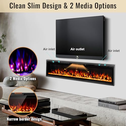 TUAN Electric Fireplace Inserts, Ultra Thin Wall Mounted Fireplace with Remote Control, Multicolor Realistic Flame, Touch Screen, Thermostat, Timer, 750w/1500w (Log & Crystal Included) (60 inch) TUAN