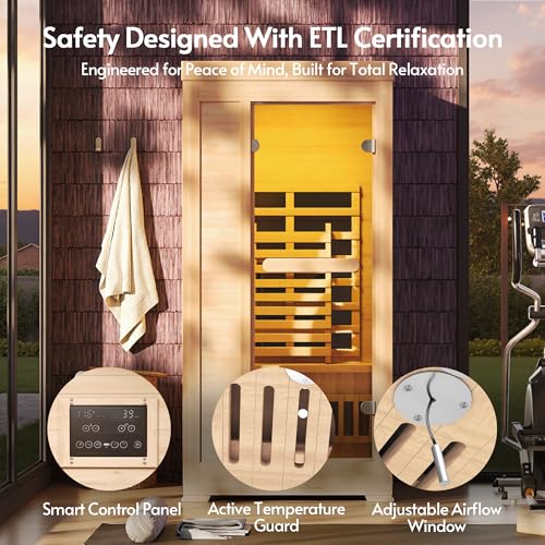 Rotihom 1-2 Person 6.3Ft Infrared Sauna, 7 Color Full Spectrum Wood Dry Sauna. Canadian Hemlock Indoor Saunas with 1745W 20Min Fast Heating & Music Speakers for Home & Gym (40" Lx36 Wx76 H) Rotihom