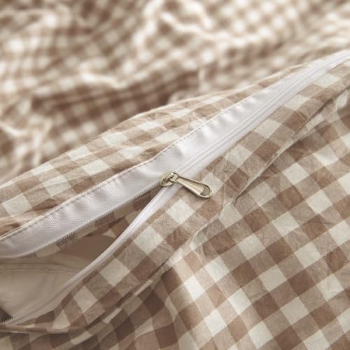 Nayoroom Gingham Duvet Cover King Size 100% Washed Cotton Brown Tan Plaid Checkered Comforter Cover 3 Pcs Soft Breathable Grid Farmhouse Dorm Bedding Set for All Seasons Nayoroom