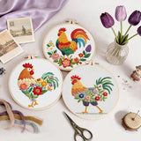 Uniartfy 3 Pack Funny Rooster and Flower Embroidery Kits for Beginners, Animal Cross Stitch Kit for Adults, DIY Needlepoint with Stamped Pattern, Embroidery Hoop, Tools, Colorful Threads, Instructions