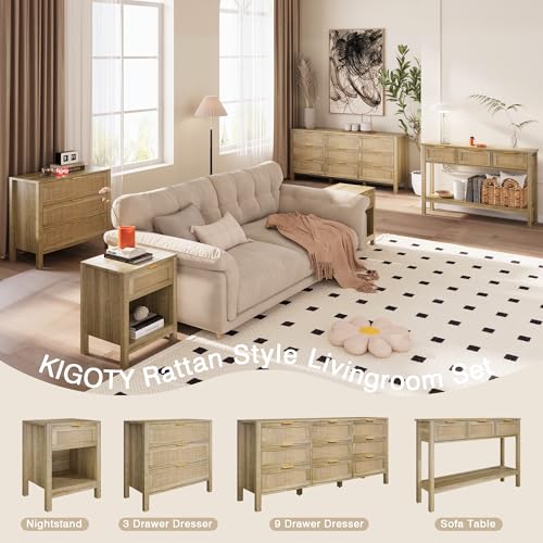 KIGOTY Farmhouse Rattan Nightstand Set of 2, Bedside Table with Drawer,Open Compartment, Side Table with Storage, End Table for Bedroom,Oak KIGOTY