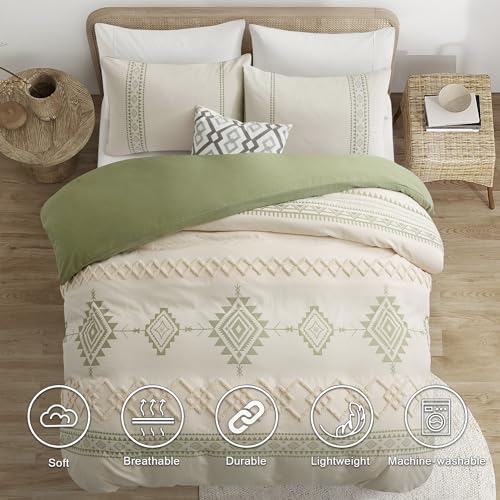 Oli Anderson Boho Duvet Cover Set Queen Size, Beige and Sage Green Color Clash 3 Pieces Microfiber Bedding Set, Durable and Super Soft Duvet Covers with Zipper and Ties, 90"*90" Oli Anderson