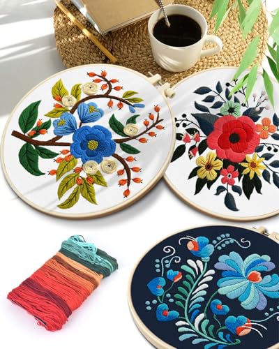 TINDTOP 3 Sets Embroidery Kit for Adults, Floral Embroidery Practice Kit for Beginners Include Embroidery Cloth Hoops Threads for Craft Lover Hand Stitch with Embroidery Skill Techniques TINDTOP