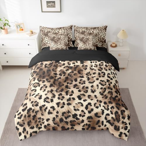 Erosebridal Leopard Print King Comforter Set Cheetah Not Real Fur 7-Piece Bed in A Bag Wild Animal Jungle Ombre Cowhide Fur Sheets and Pillowcases Beige Brown Bed Sets Erosebridal