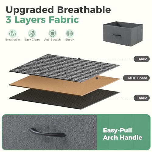 DUMOS Dresser for Bedroom with 7 Drawers, Storage Organizer Units Furniture, Chest Tower TV Stand with Fabric Bins, Metal Frame, Wooden Top for Nursery, Living Room, Kidsroom, Closet, Grey DUMOS