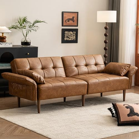 HALLYBEE 85” Futon Sofa Bed, Sleeper Sofa, Small Couch with Storage Adjustable Armrests Pillows, Faux Leather Loveseat, Mid Century Modern Couches for Living Room, Bedroom, Apartment, Brown HALLYBEE