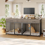 HOSTACK Double Dog Crates Furniture, 71" Wide Indoor Dog Kennel with 3 Drawers, Farmhouse Dog Cage for 2 Large/Medium Dogs, Heavy Duty Dog Crate with Removable Divider, Wooden Pet House, Ash Grey HOSTACK