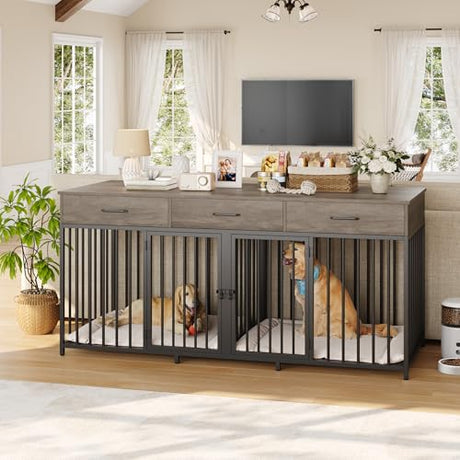HOSTACK Double Dog Crates Furniture, 71" Wide Indoor Dog Kennel with 3 Drawers, Farmhouse Dog Cage for 2 Large/Medium Dogs, Heavy Duty Dog Crate with Removable Divider, Wooden Pet House, Ash Grey HOSTACK