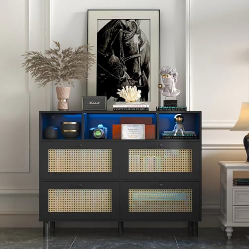 Sideboard Buffet Cabinet - Kitchen Storage Cabinet with Power Outlet & Led Lights, Cupboard Console Table Accent Coffee Bar Cabinet with Rattan Decorated Doors for Dining Room/ Living Room/ Hallway