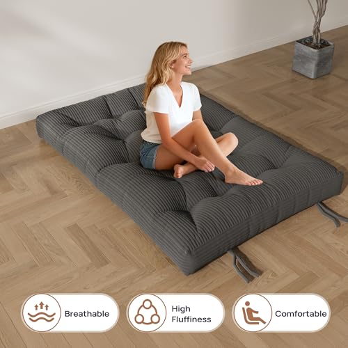 Furnify 6" Futon Mattress Queen Size, Futons Sofa Couch Bed with Straps, Thick Corduroy Fabric Floor Mattress for Adults, Foldable Mattress with Shredded Foam Filling (Frame Not Included), Grey Furnify