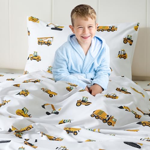 3-Piece Twin Size Bed Sheet Set by Coukouchyi, Soft & Breathable Kids Fitted & Flat Sheet for Boys with Deep Pocket, Construction Cars Cokouchyi