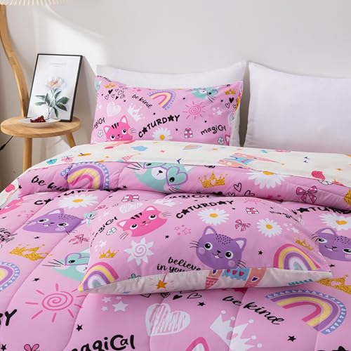 Btargot Twin Pink Cartoon Cat Reversible Comforter Set for Boys Girls Kids, 5 Pieces Rainbow Flowers Sun Painting Bedding Set with Sheets Btargot