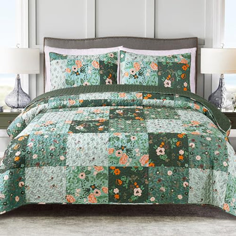Exclusivo Mezcla Reversible Boho Quilts Twin Size, Green Bedspreads Lightweight Coverlet All Season Patchwork Quilt Bedding Set with Printed Floral Pattern (1 Quilt, 1 Pillow Sham) Exclusivo Mezcla
