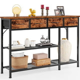 Furnulem Entryway Table 47'' Sofa Console Table with 4 Fabric Drawers, Industrial Entry Way Shoe Rack with Metal Mesh Shelf for Front Door, Foyer Wooden Top, Sturdy Metal Frame, Rustic Brown Furnulem