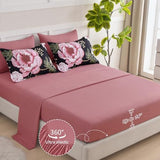 Luxudecor Floral Queen Comforter Set 7 Pieces Bed in a Bag, Pink Flower Print on Black Bedding Set, Soft Reversible Comforter with Sheet Set 90"x90" Luxudecor