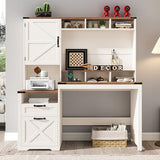 Farmhouse Executive Desk 51" Computer Desk with 2 Drawers Storage Cabinet and Power Outlets Wood Home Office Desk with Hutch & Monitor Stand, Writing Desk Workstation for Bedroom Study, Rustic White Halitaa