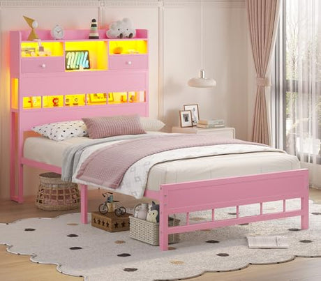 BTHFST Twin Bed Frame with Storage Headboard & Charging Station, LED Bed Frame Twin with 5 Shelves & Under Bed Storage, Platform Bed Frames for Kids, No Box Spring Needed, Pink BTHFST
