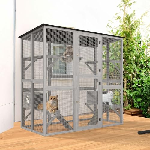 YITAHOME Catio Outdoor Cat Enclosure Large, Tall Wooden Cat House with Weatherproof Asphalt Roof, Cat Cage Playpen with Multiple Platforms & 2 Resting Boxes, 70.9" L x 38.2" W x 70.9" H YITAHOME
