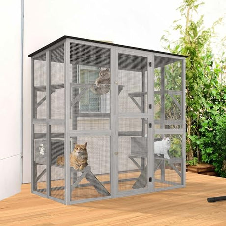 YITAHOME Catio Outdoor Cat Enclosure Large, Tall Wooden Cat House with Weatherproof Asphalt Roof, Cat Cage Playpen with Multiple Platforms & 2 Resting Boxes, 70.9" L x 38.2" W x 70.9" H YITAHOME