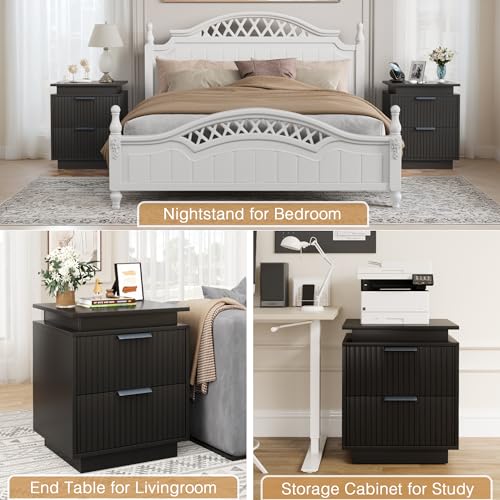 YESHOMY Nightstand with LED Lights, End Table with 2 Drawers and Waveform Panel, Night Stand with Handles, for Bedroom and Apartment, Black