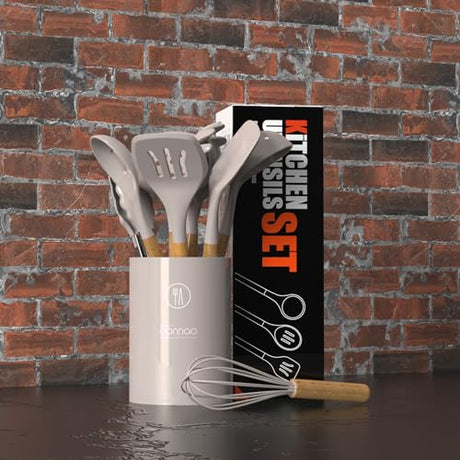 Silicone Cooking Utensils Set - 446°F Heat Resistant Silicone Kitchen Utensils for Cooking,Kitchen Utensil Spatula Set w Wooden Handles and Holder, BPA FREE Gadgets for Non-Stick Cookware (Khaki) oannao