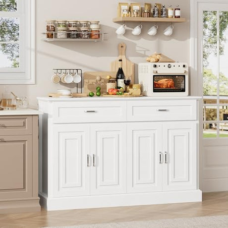 FACBOTALL Sideboard Buffet Cabinet with Storage, 55.1" Large Kitchen Storage Cabinet with 2 Drawers and 4 Doors, Farmhouse Coffee Bar for Kitchen Dining Room, White FACBOTALL