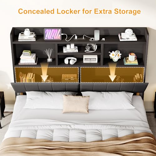 YUMPIE King Bed Frame with Bookcase Headboard and LED Lighting, Black Upholstered Platform Bed with Storage Drawers and Charging Station YUMPIE
