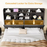 YUMPIE King Bed Frame with Bookcase Headboard and LED Lighting, Black Upholstered Platform Bed with Storage Drawers and Charging Station YUMPIE