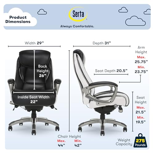 Serta® Lautner Executive Home Office Desk Chair, Ergonomic High-Back with Adjustable Lumbar and Body Pillows, SmartLayers™ and ComfortCoils® Technology, Mesh and Bonded Leather, Black and White Serta