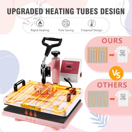 BetterSub 5 in 1 Heat Press Machine 12x15 inch, Industrial-Quality Sublimation Press with 30oz Tumbler Attachment & Curved Hat Plate, 360° Swivel Design for T-Shirts, Vinyl, DTF Film - Pink BetterSub