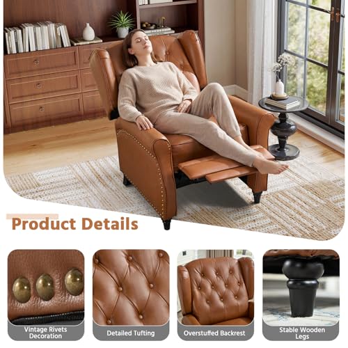 Bonzy Home Genuine Leather Pushback Recliner for Adults with Rivet Decoration, Push Back Recliner Chair with Overstuffed Cushion, Single Reclining Sofa with Button-Tufted Back for Living Room,Brown